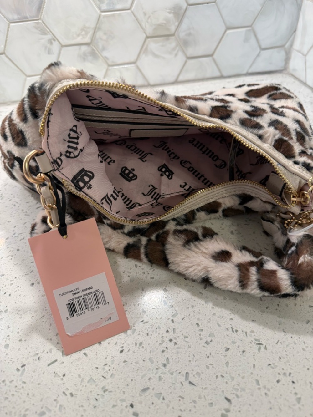 Juicy Couture Snow Leopard Love Fur Shoulder Bag Gold Trim NEW Fur Heart Charm - Picture 9 of 12